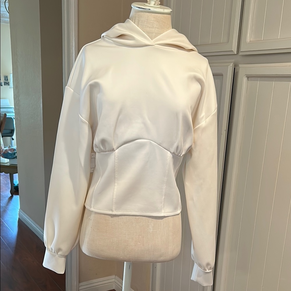 Express Cream Color Nylon Scuba Corset Hoodie Top